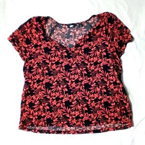 Lands End Women’s L Red Black Floral Blouse Tunic Top Lightweight Short Sleeve